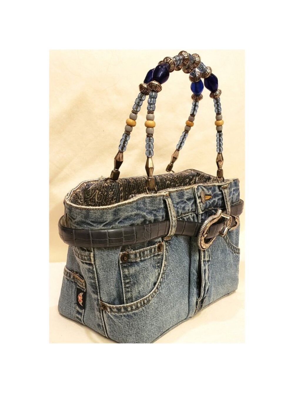 Bootie Bag Denim Purse w/ Belt Trim, Beaded Handles and Medallion